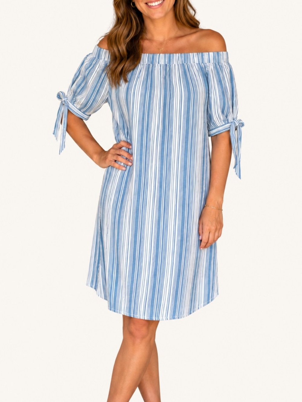THML Blue White Stripe Off Shoulder Tie Sleeve Dress M